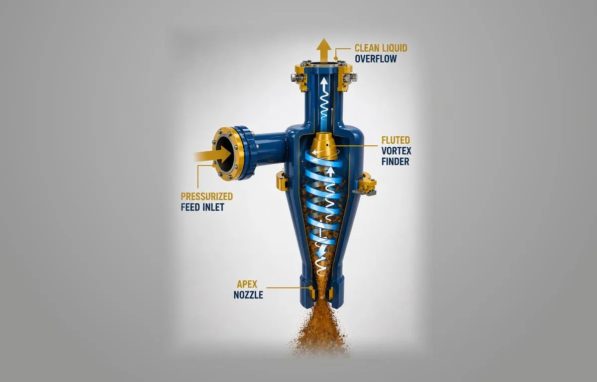 SC DrillTech hydrocyclone cutaway — pressurised feed inlet, fluted vortex finder, clean-liquid overflow and apex nozzle discharging solids