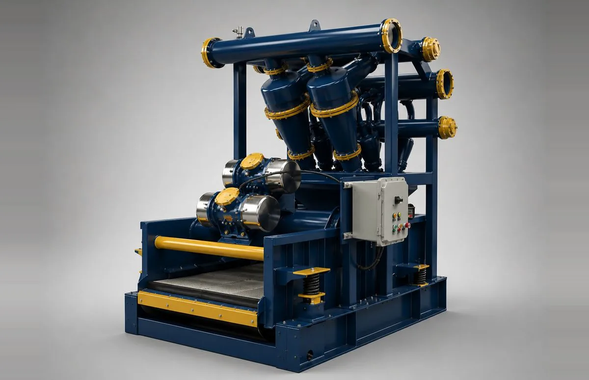 SC DrillTech mud cleaner — bank of desilter cones over a vibrating fine-mesh shaker screen recovering barite from the cyclone underflow
