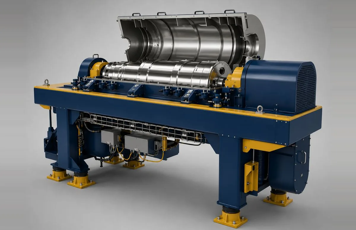 SC DrillTech decanting centrifuge — cutaway high-speed rotating bowl with internal scroll conveyor for finest solids removal and barite recovery