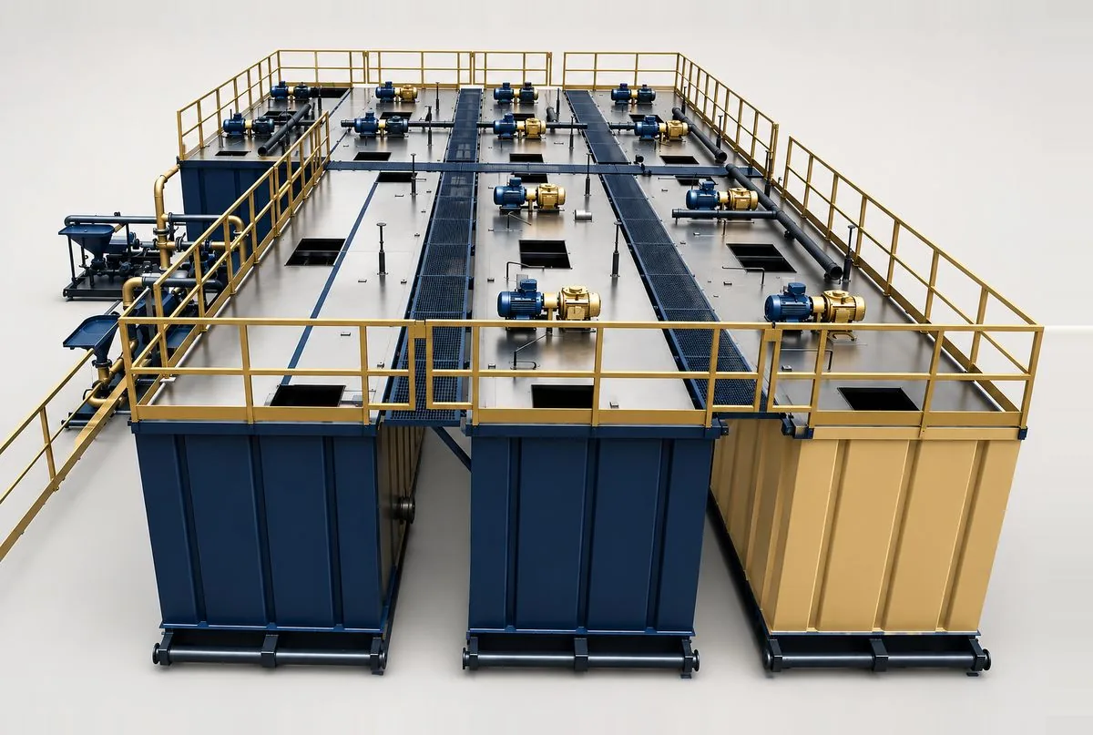 SC DrillTech mud tank system — multi-compartment pits with a walkway deck, mounted agitators and mixing hopper holding and conditioning the active mud