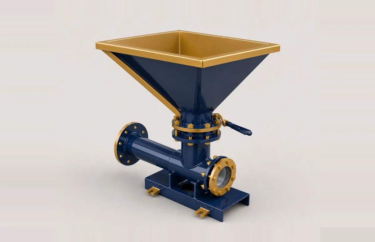 SC DrillTech mixing hopper — funnel feeding a venturi jet shear that wets out and disperses powder additives into the mud as it is mixed