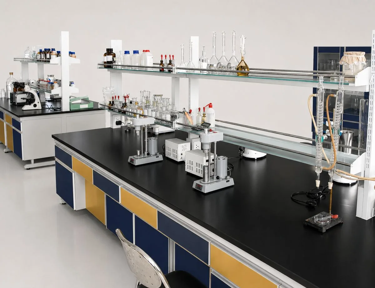 SC DrillTech mud testing laboratory — bench with viscometers, retort, balances and glassware for measuring mud weight, rheology and solids per API RP 13B