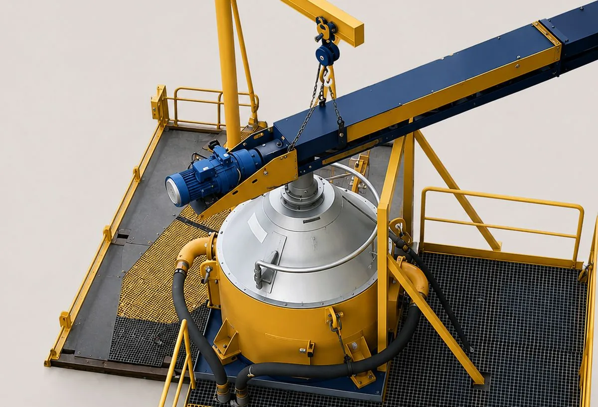 SC DrillTech vertical cuttings dryer — high-speed conical screen-bowl centrifuge that spins oil-based cuttings dry and recovers base oil from the discard