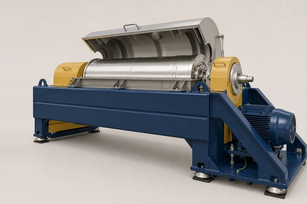 SC DrillTech high-speed decanter centrifuge — open-casing cutaway showing the scroll conveyor inside the bowl, recovering fine solids and polishing the recovered fluid
