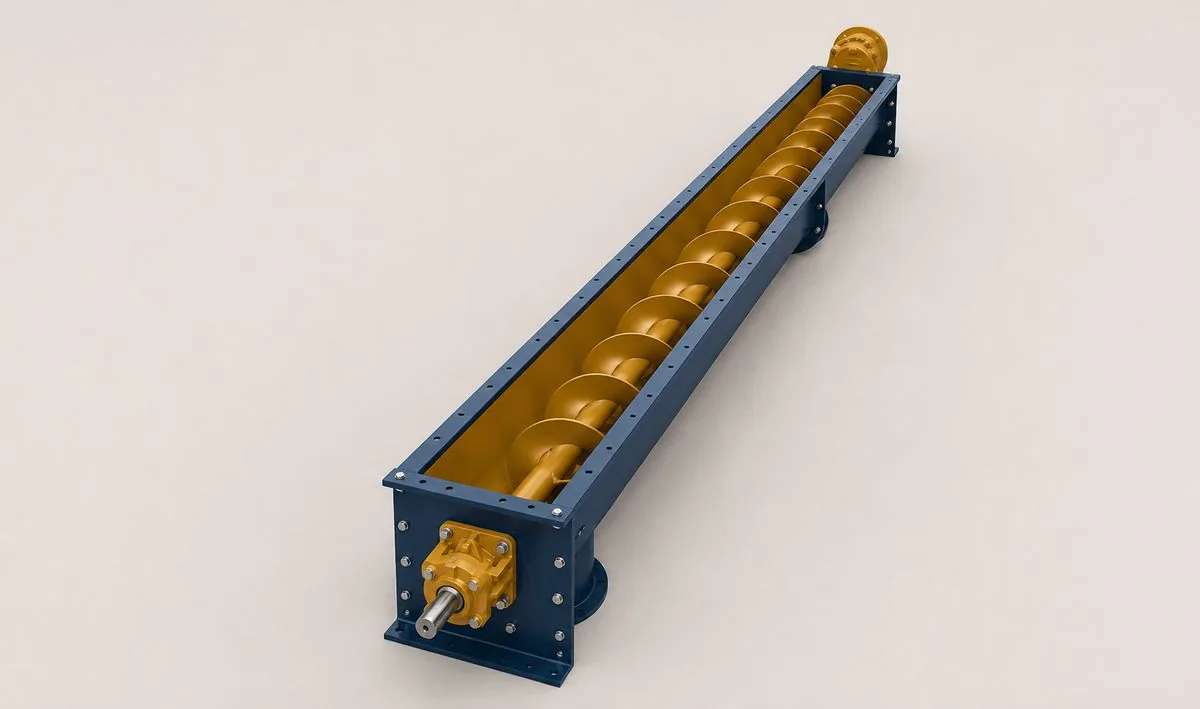 SC DrillTech screw conveyor auger — enclosed shafted screw that carries drilled cuttings along the deck and between machines, contained and spill-free