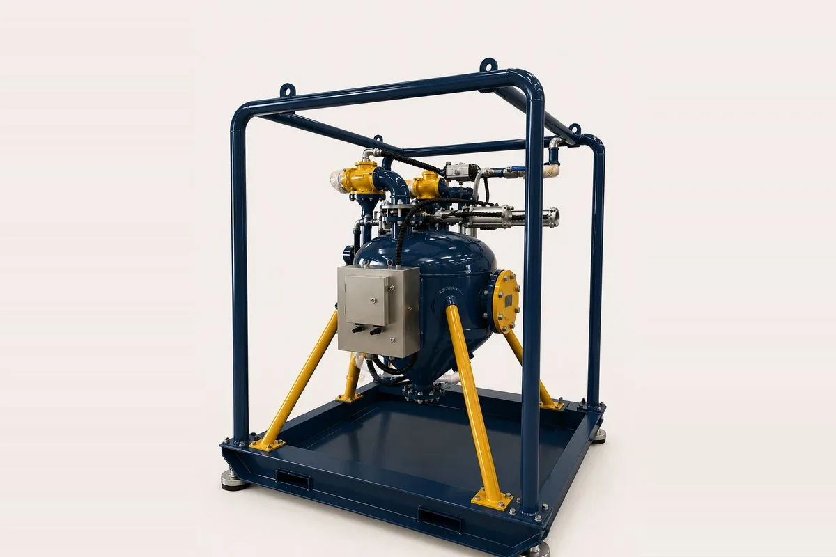 SC DrillTech vacuum transfer unit — skid-mounted vacuum vessel that pulls drilled cuttings through sealed lines and discharges them under pressure, with no open transfer points