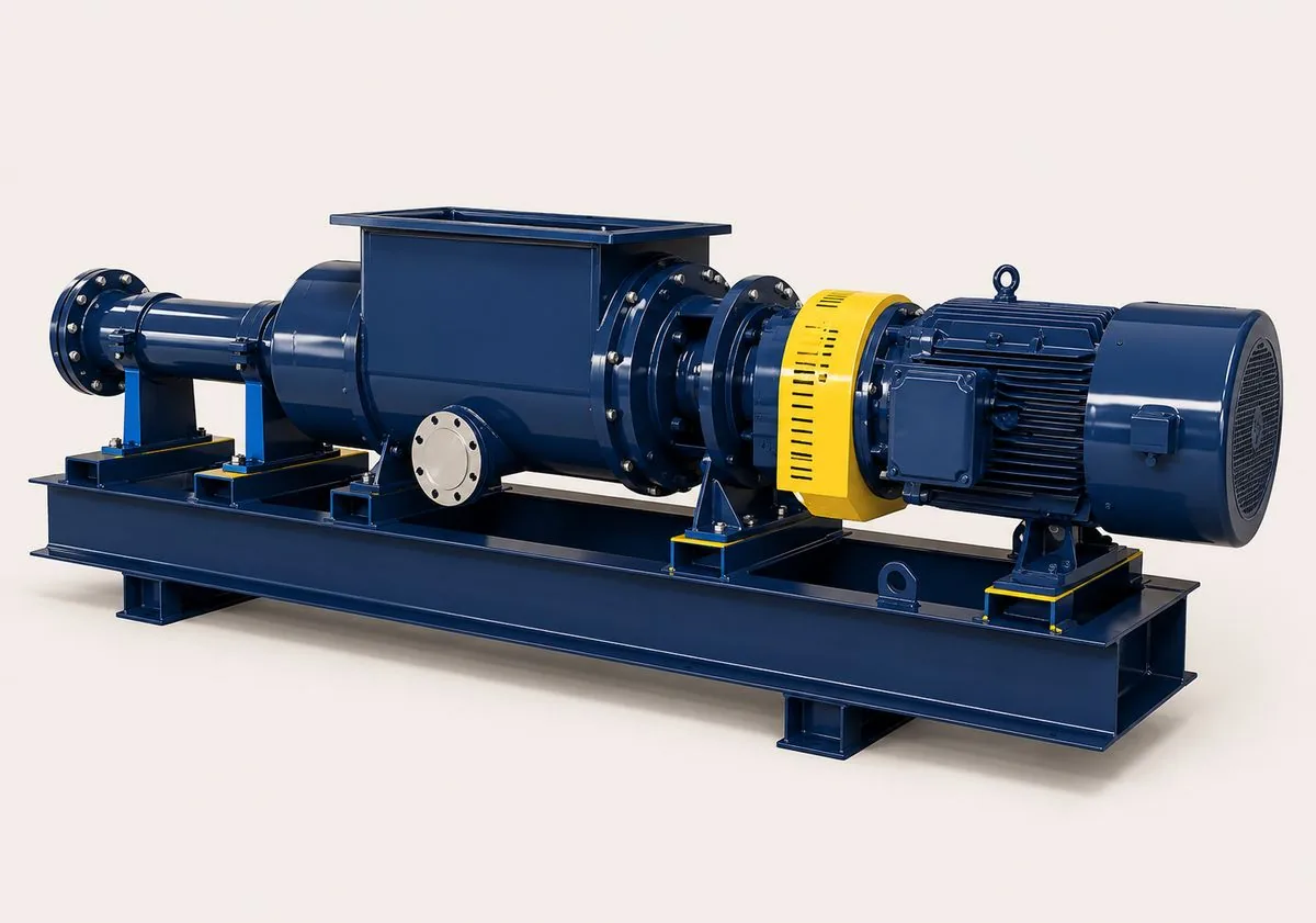 SC DrillTech progressive-cavity feed pump — skid-mounted positive-displacement pump with hopper that feeds thick, abrasive cuttings slurry to dryers and slurry units at a steady, controllable rate