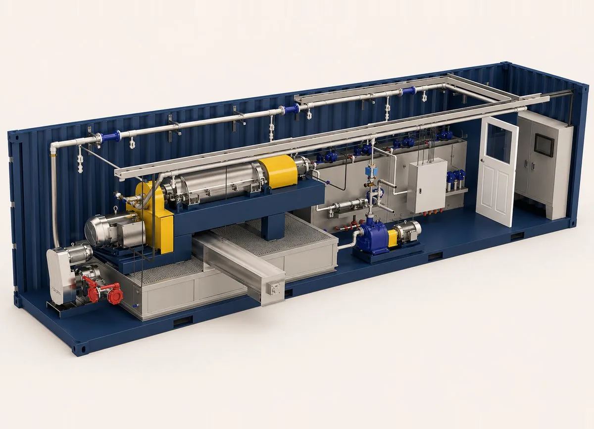 SC DrillTech containerised dewatering unit — decanter centrifuge, chemical dosing pumps and feed manifold packaged in a container to flocculate and drop out ultra-fine colloidal solids and clarify the fluid