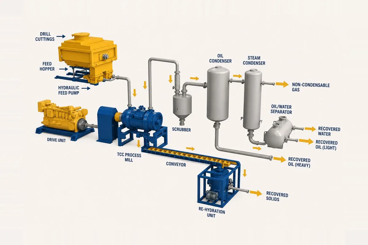 SC DrillTech thermomechanical cuttings cleaner (TCC) process flow — feed hopper and friction process mill vaporise hydrocarbons, condensers recover oil and water, and the cleaned solids discharge dry